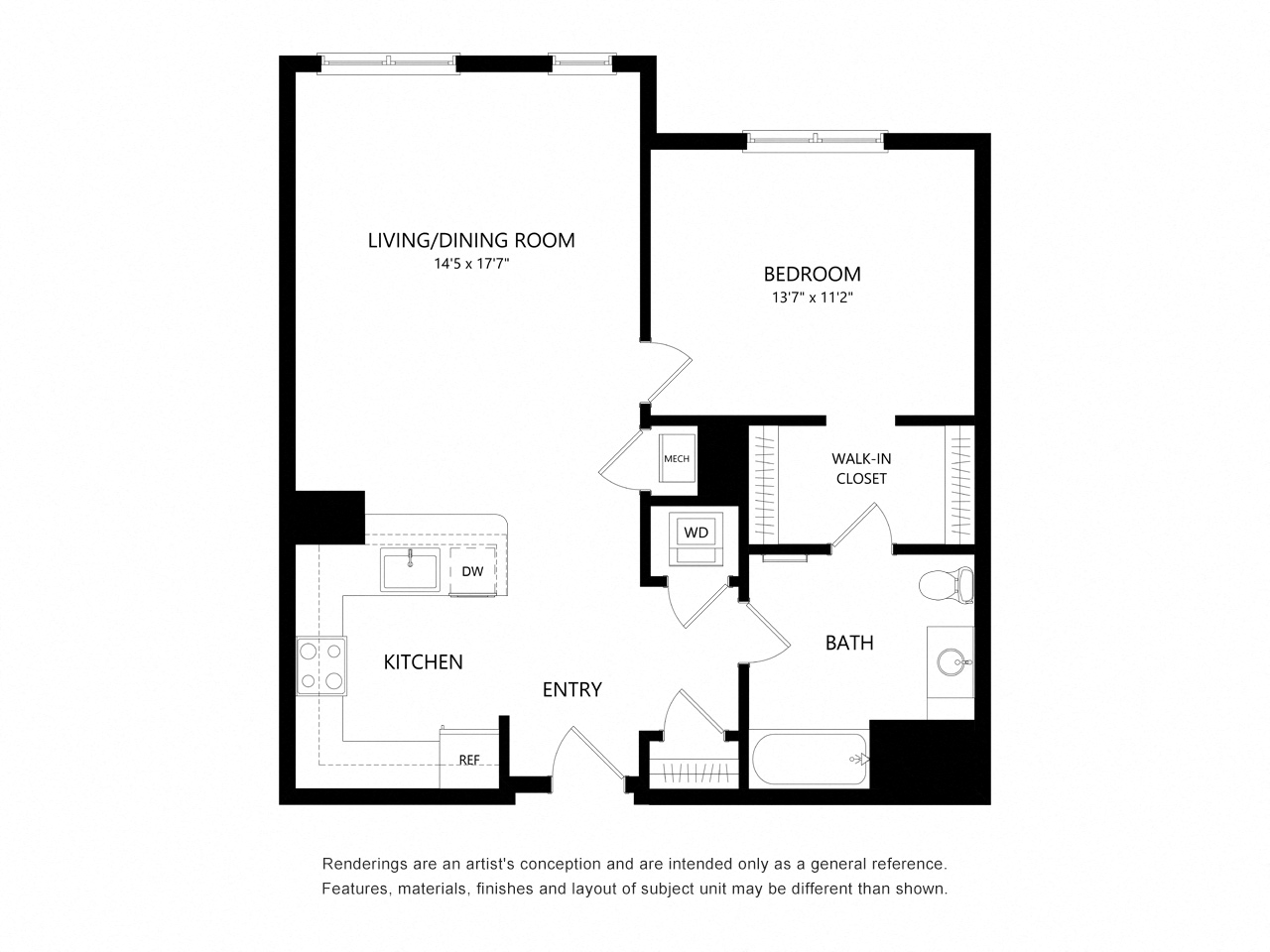 Floor plan for 1 bed, 1 bath, 872 sqft